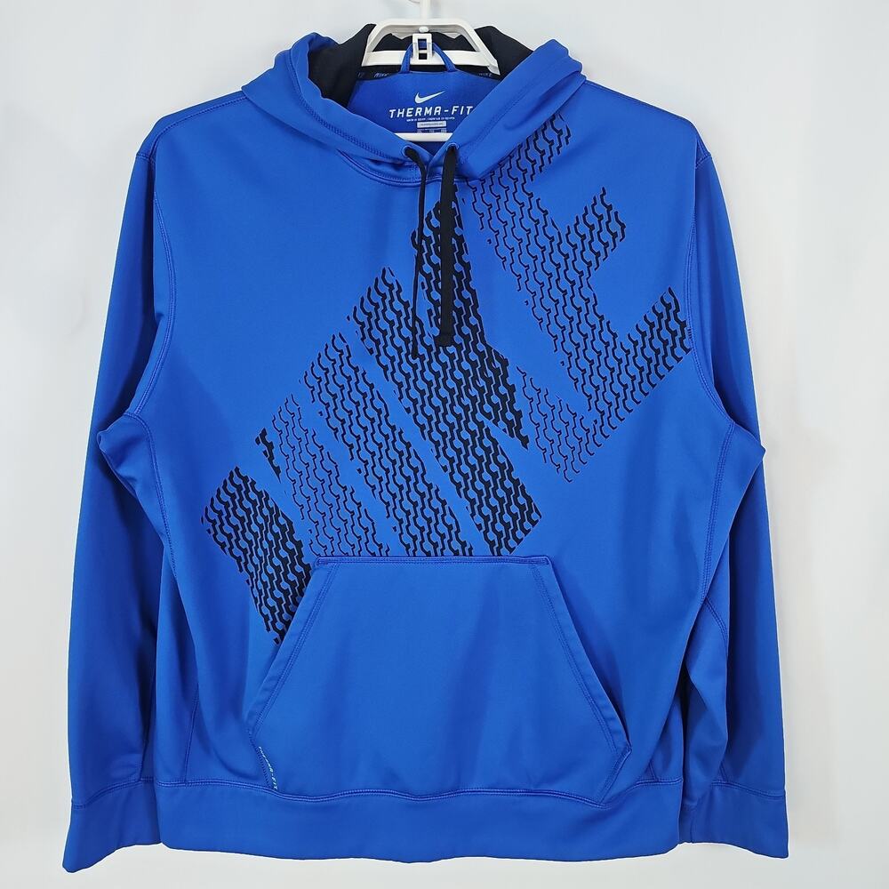 Nike Therma Fit Mens Hoodie Blue Pullover Sweatshirt Block Logo Size XXL